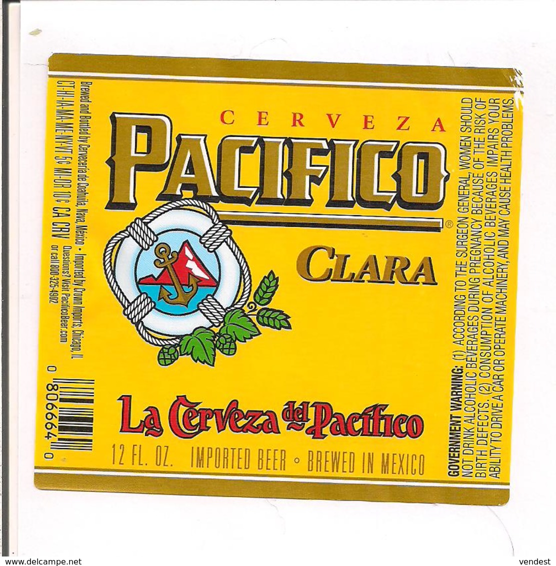 Etiquette Bière - Cervaza Pacifico Clara - Brewed In Mexico - Imported By Crown Imports, Chicago - Décollée - - Bier