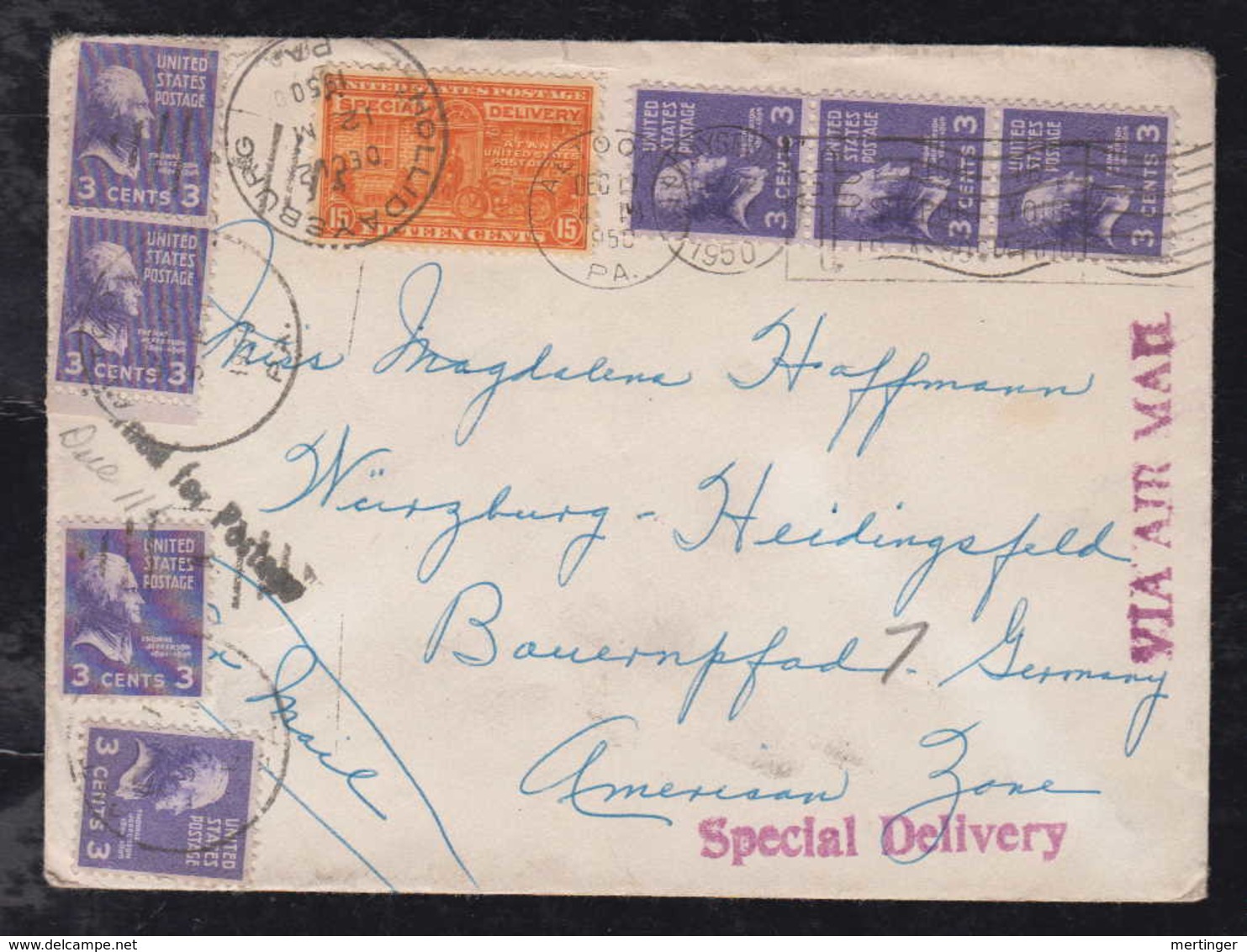 USA 1950 Airmail Cover Express Special Delivery HOLLIDAYSBURG To WUERZBURG Germany - 2c. 1941-1960 Lettres