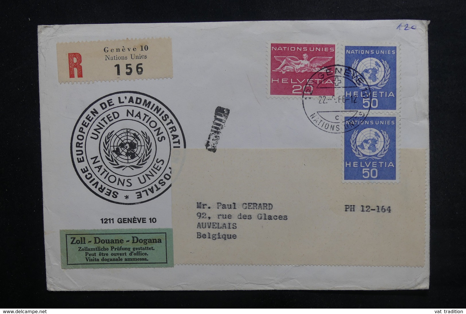 O.N.U. - Enveloppe En Recommandé De Genève Pour La Belgique, Affranchissement Plaisant - L 38249 - Lettres & Documents