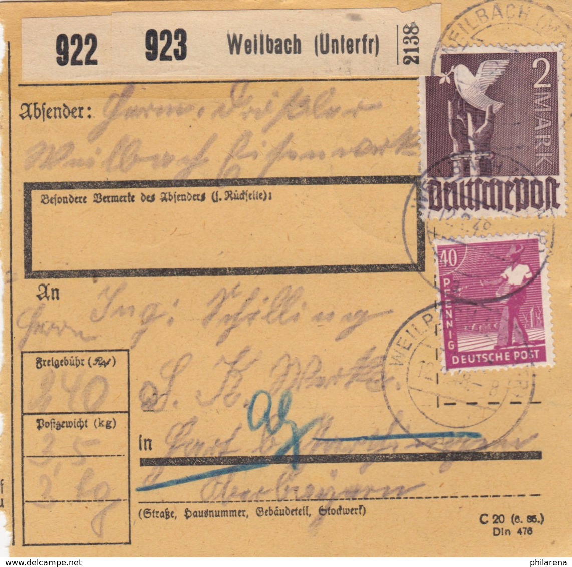 BiZone Paketkarte 1948: Weilbach Nach Hart Bei Mühldorf - Sonstige & Ohne Zuordnung