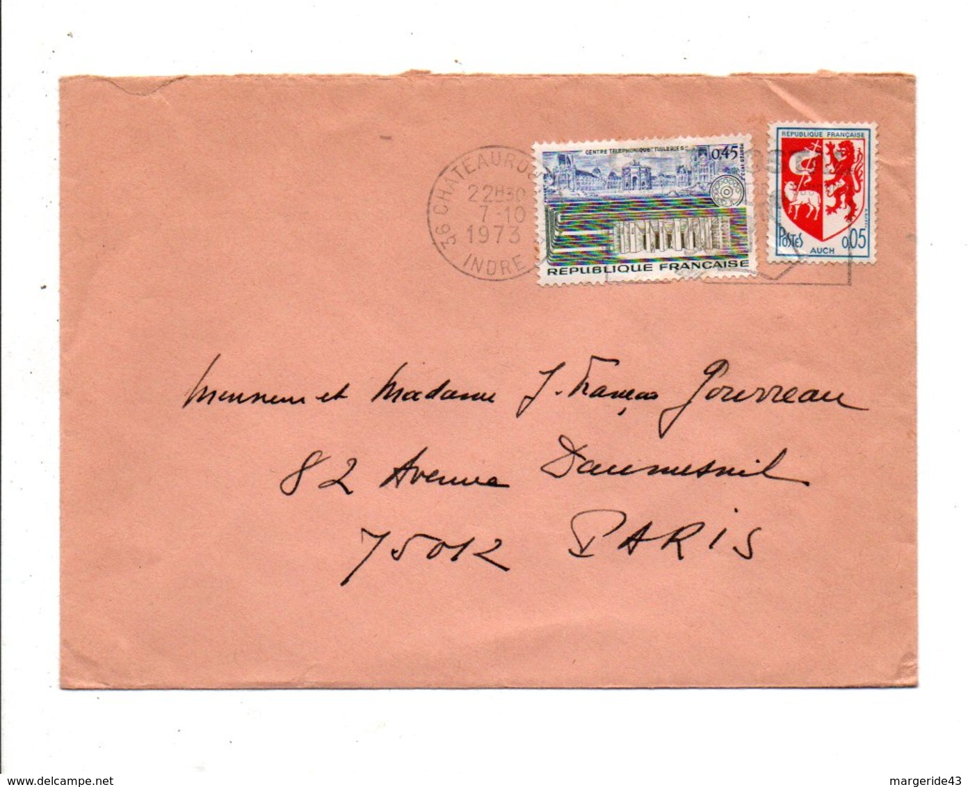 AFFRANCHISSEMENT COMPOSE SUR LETTRE DE CHATEAUROUX 1973 - 1961-....