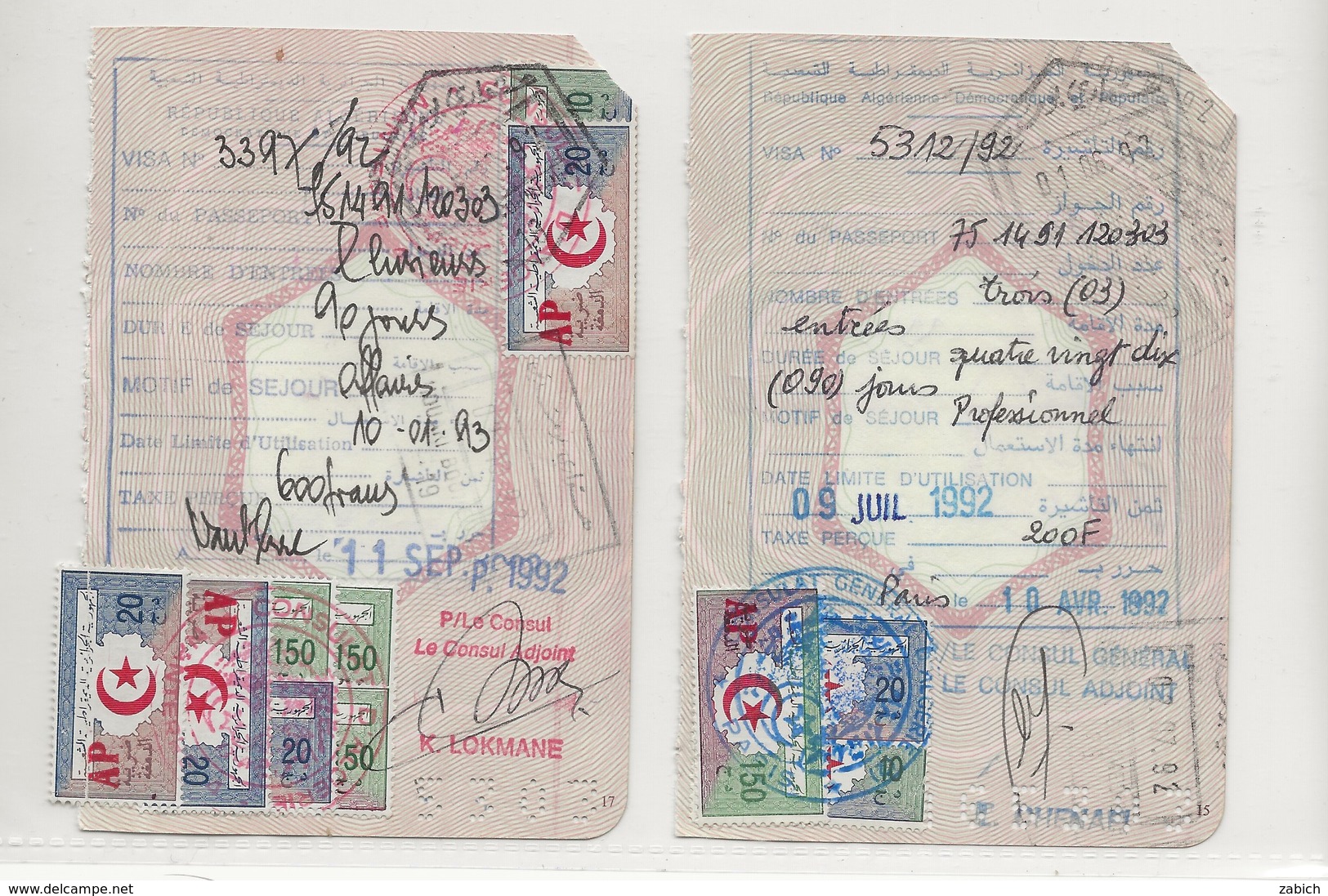 FISCAUX FRANCE ALGERIE 1992  2 Feuillets De Passeport - Other & Unclassified