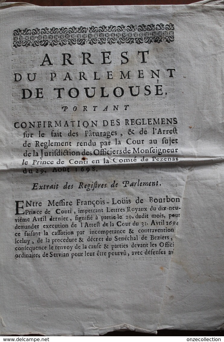 1698  -     ARRÊT  DU  PARLEMENT  DE  TOULOUSE  CONCERNANT  LA  COMMUNE  DE  SERVIAN  (  HERAULT  ) - Documents Historiques