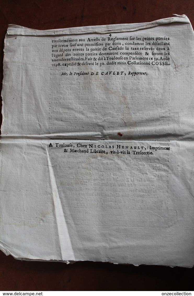 1698  -     ARRÊT  DU  PARLEMENT  DE  TOULOUSE  CONCERNANT  LA  COMMUNE  DE  SERVIAN  (  HERAULT  ) - Documents Historiques