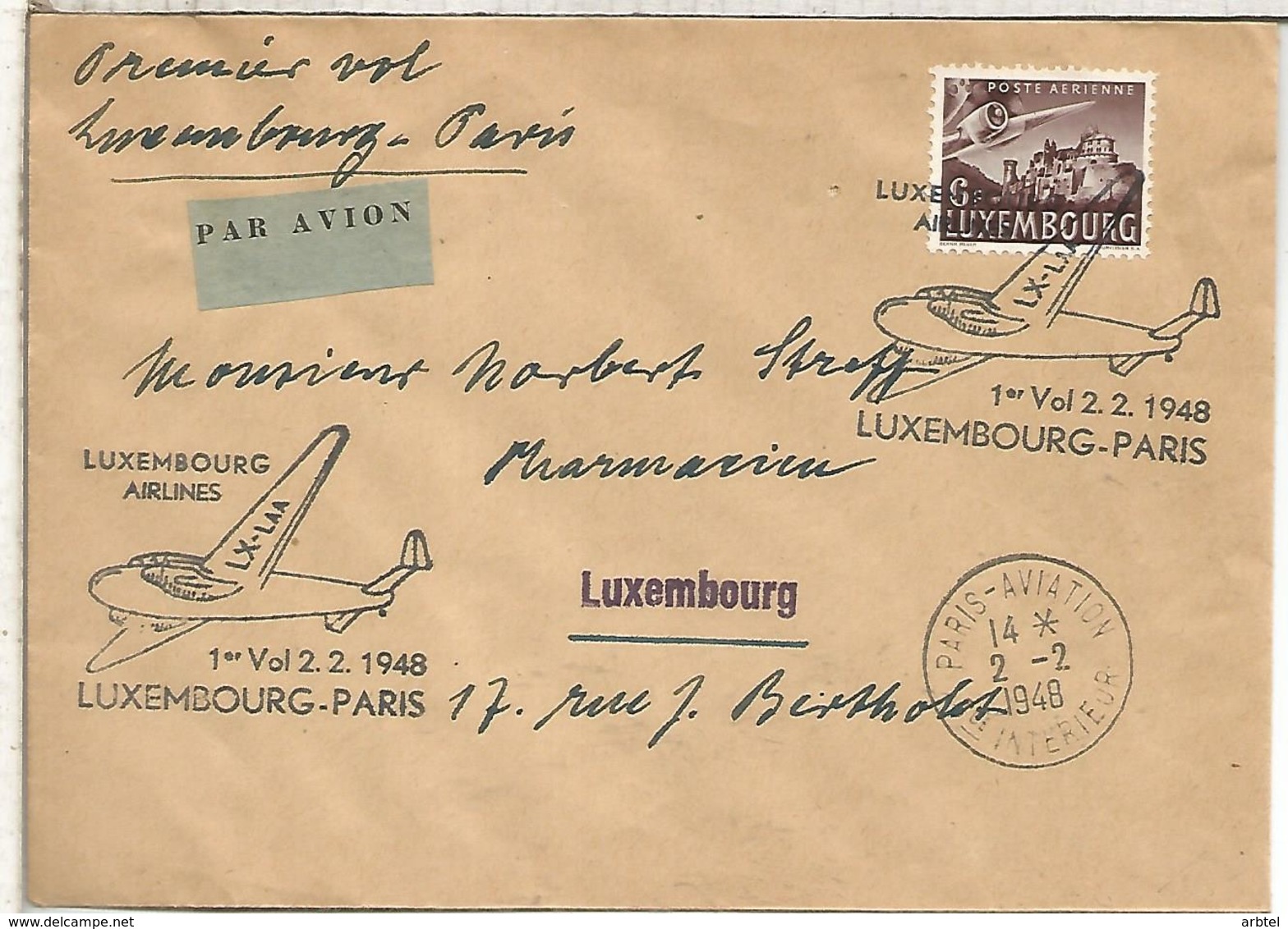 LUXEMBURG CC PRIMER VUELO A PARIS 1948 LUXAIR - Cartas & Documentos