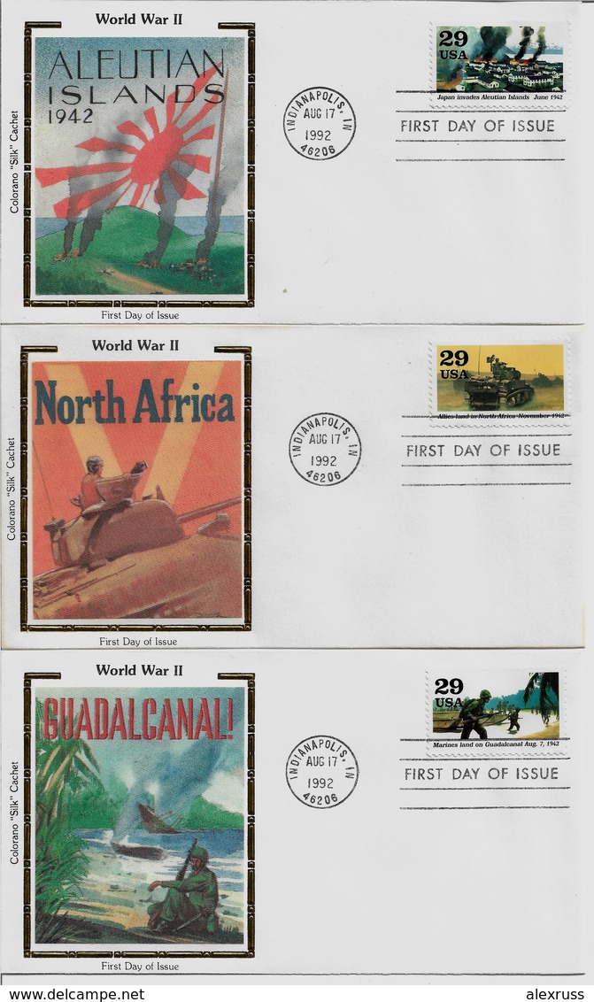 1992 Colorano Silk Cachet 3 FDC WW-2, N.Africa, Guadalcanal, Aleutian Is, 1942, VF-XF !! (RN-8) - WW2