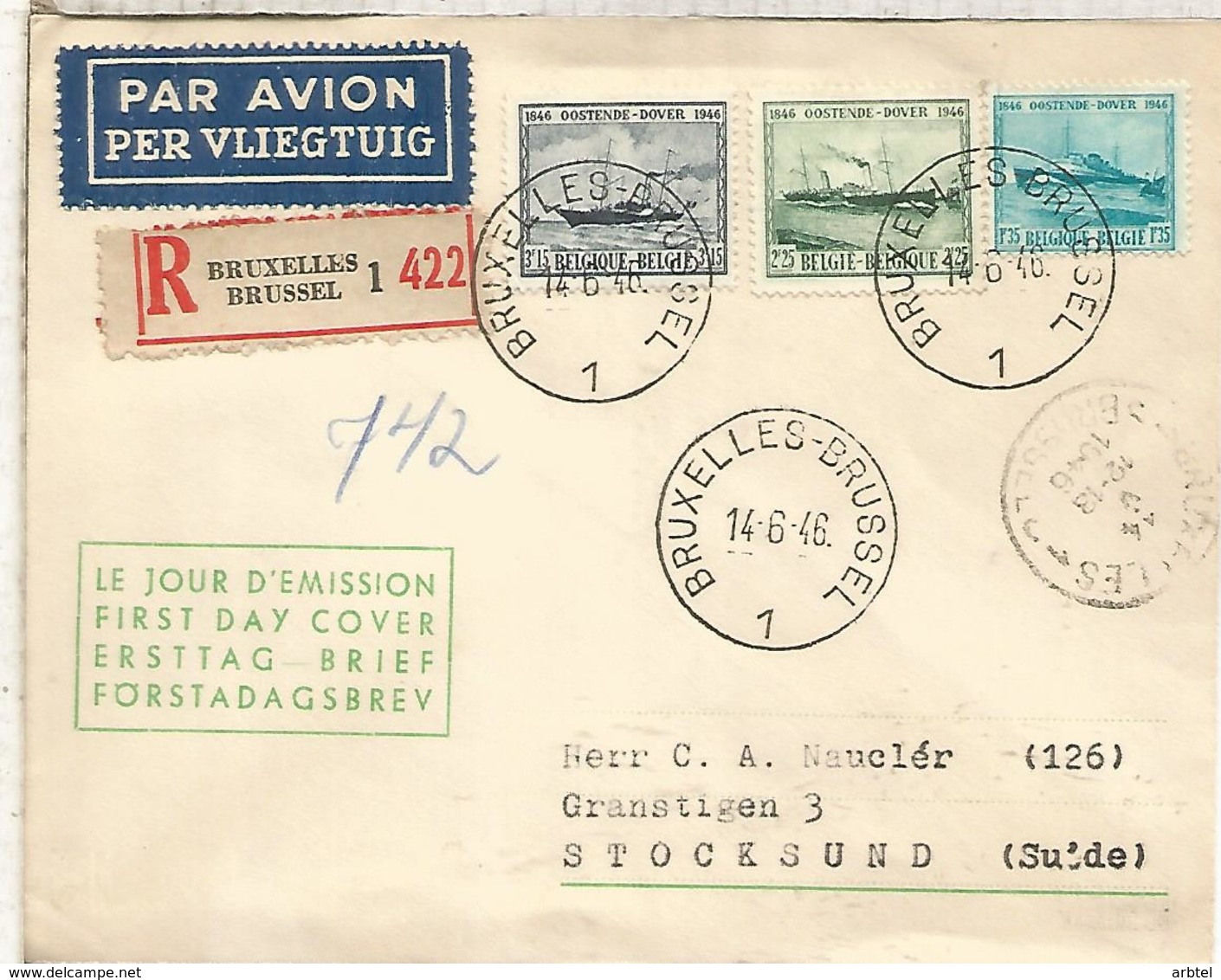 BELGICA FDC CIRCULADO 1946 BRUXELLES LINEA OOSTENDE DOVER A SUECIA - Barcos