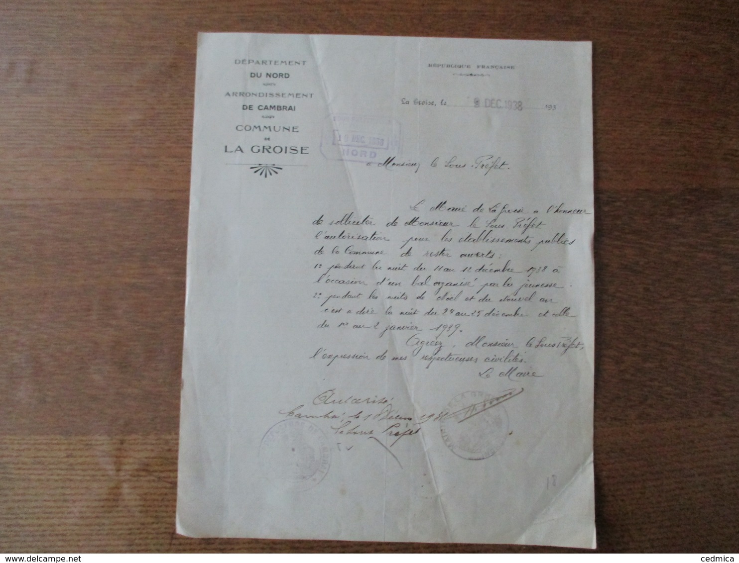 COMMUNE DE LA GROISE DEPARTEMENT DU NORD LE 9 DEC. 1938 COURRIER LE MAIRE A MONSIEUR LE SOUS-PREFET - Manuscrits