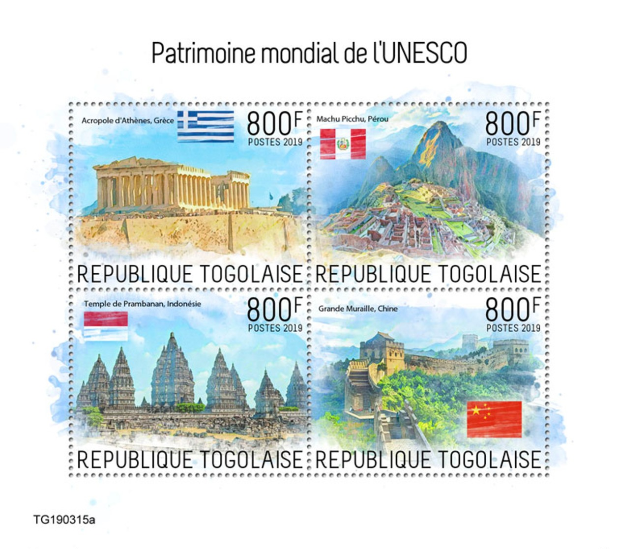 Togo 2019 Unesco World Heritage Peru China Indonesia Greece S/S TG190315a - Sonstige & Ohne Zuordnung