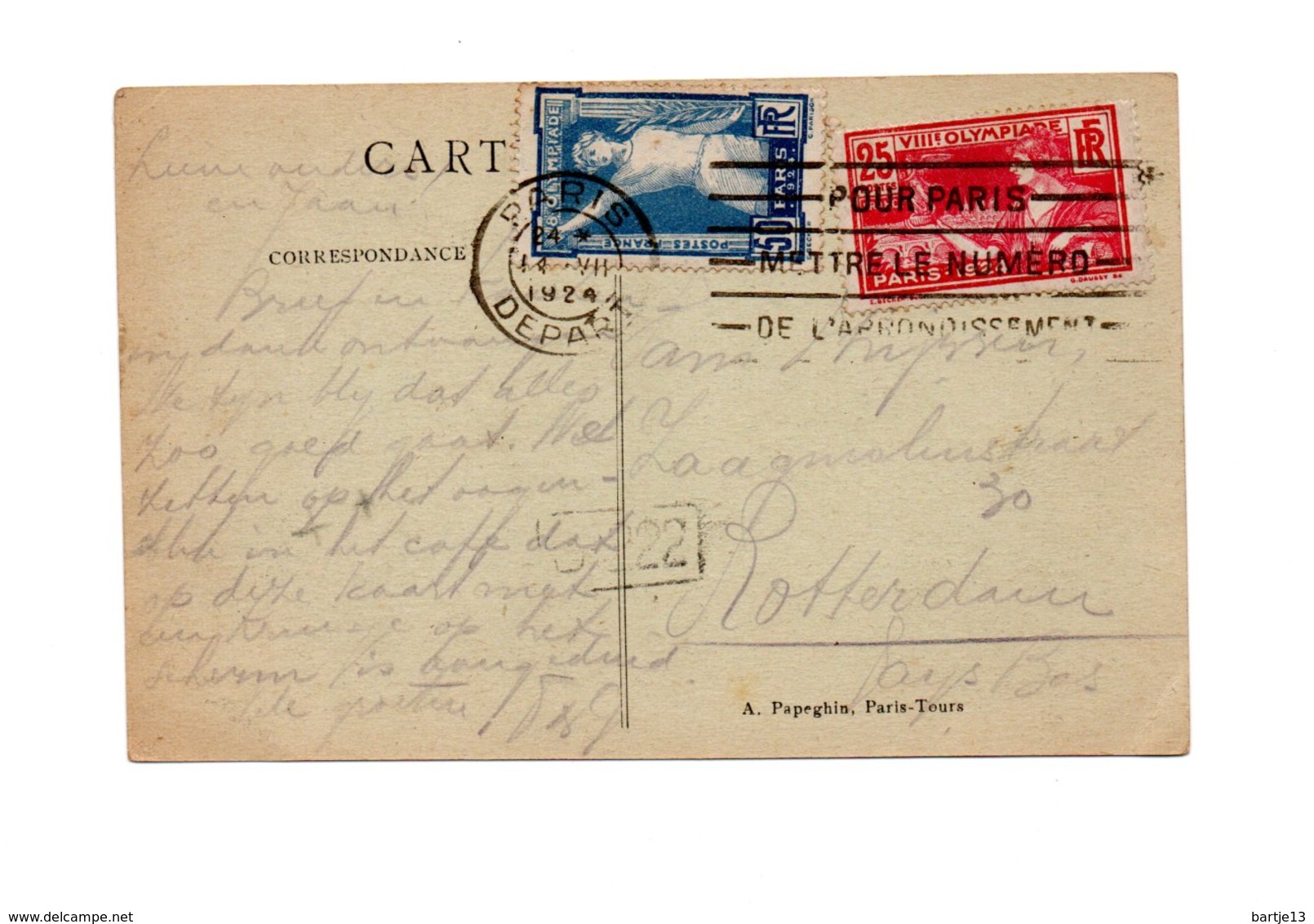 FRANKRIJK POSTCARD PARIJS MET GARE DU NORD SHIPPED 1924 TO ROTTERDAM - Covers & Documents