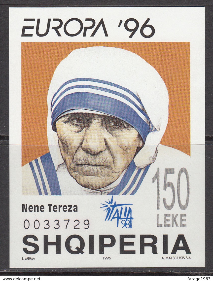 1998 Albania Albanie Mother Theresa ITALIA 98 SHOW SURCHARGE Souvenir Sheet  MNH - Albanie