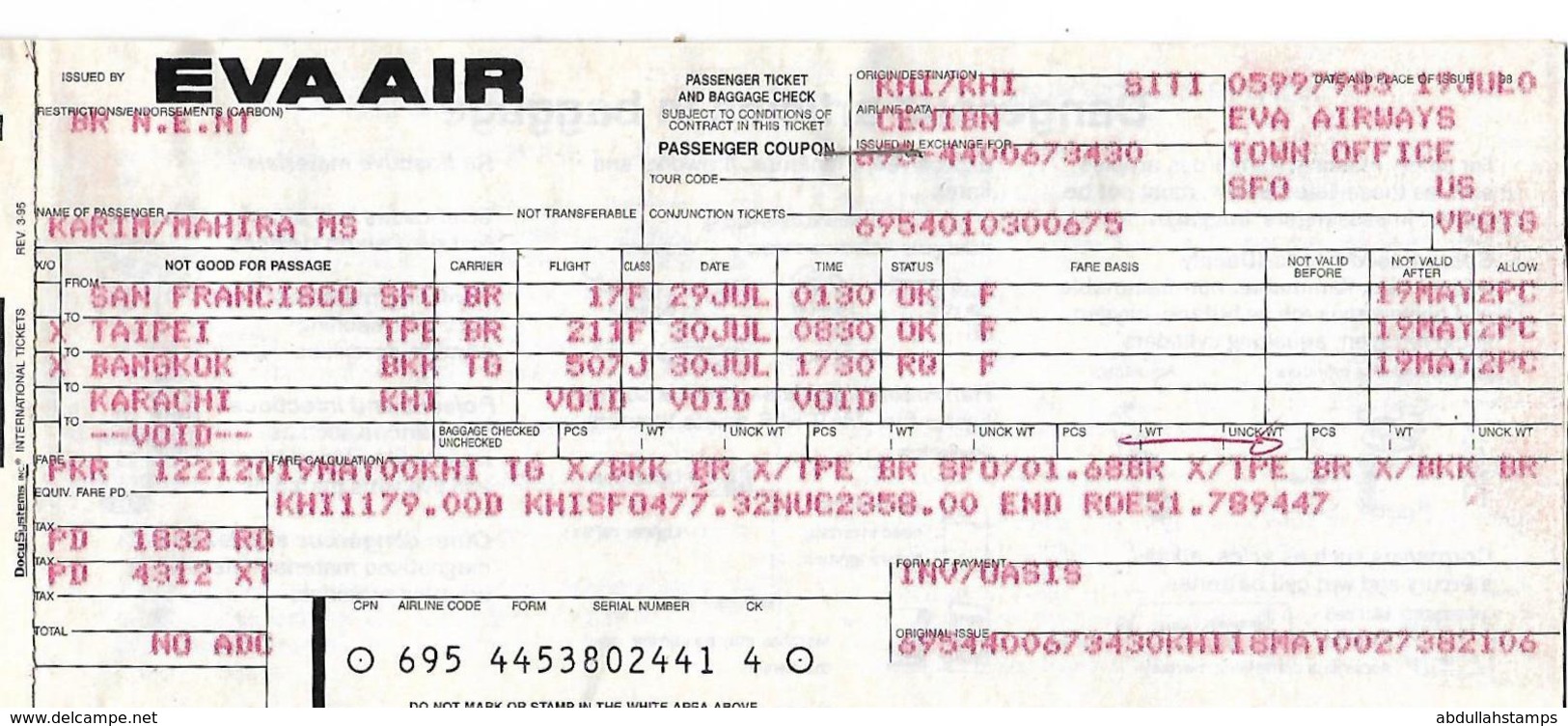 EVA AIR. R.O.C. (TAIWAN) PASSENGER TICKET (SAN FRANSISCO - TAIPEI - BANGKOK - KARACHI ). - Tickets