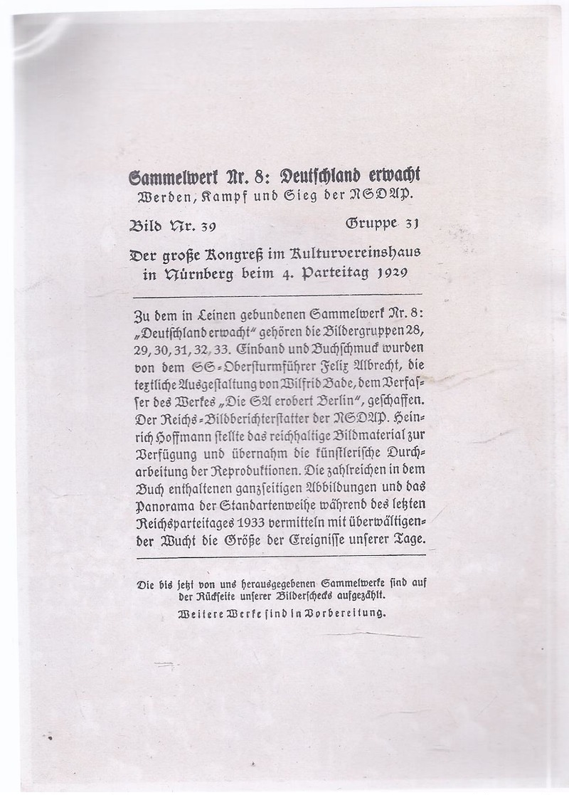AK-3499-039 Sammelwerkk Nr. 8 Deutschland Erwacht  - Der Große Kongreß Im Kulturvereinshaus In Nürnberg Parteitag 1929 - Geschiedenis