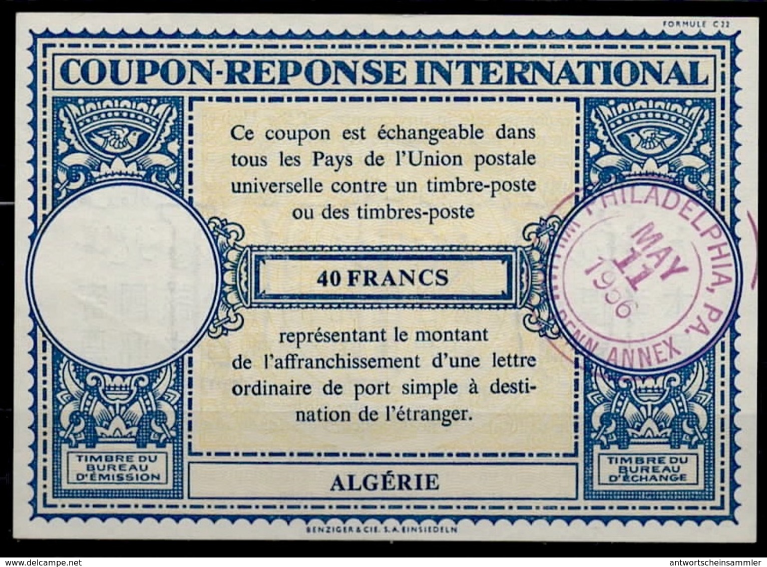 ALGERIE  Lo16n  40 FRANCS International Reply Coupon Reponse Antwortschein IAS IRC W/o Postmark But Redeemed In USA 1956 - Briefe U. Dokumente