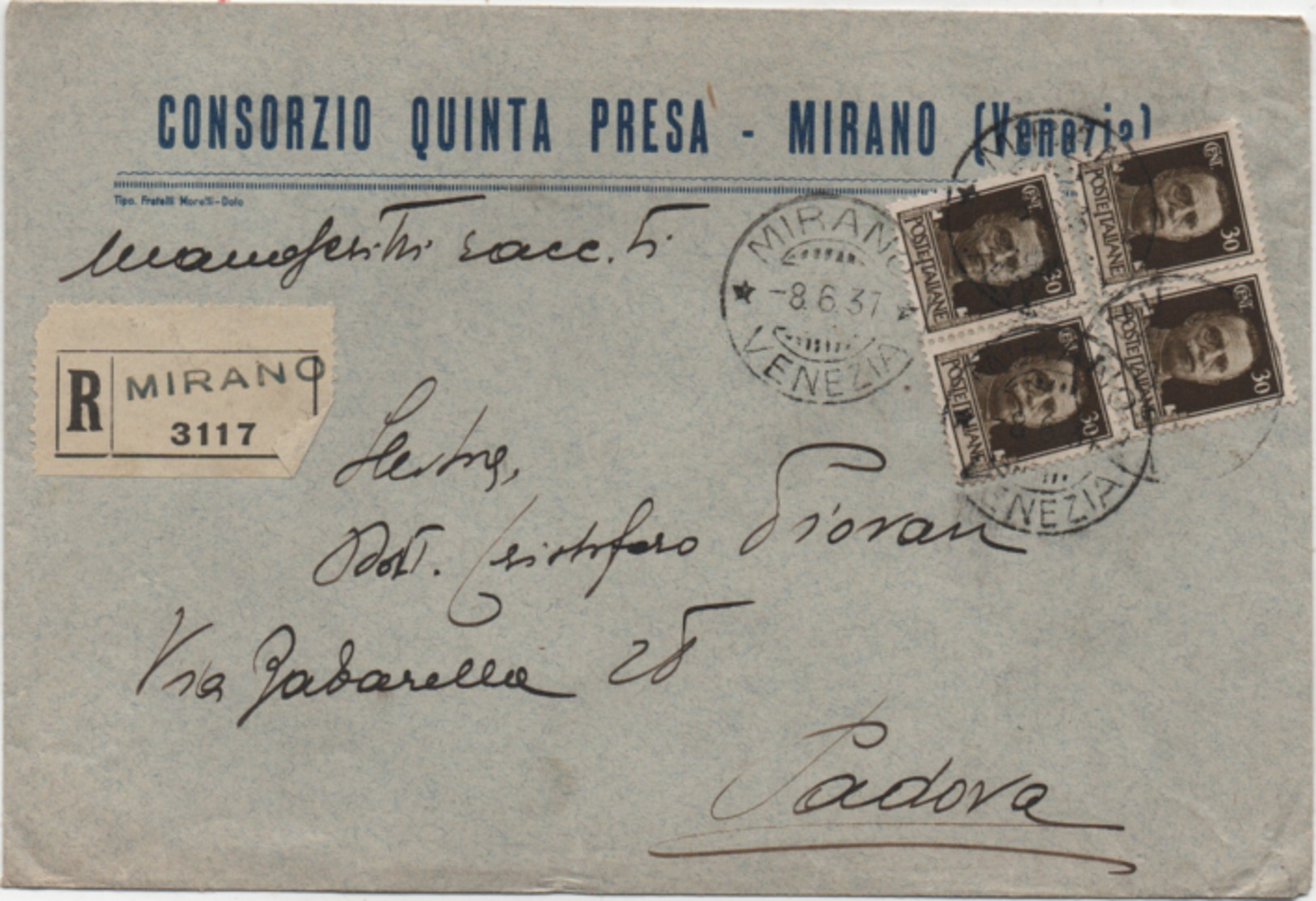 Imperiale Cent. 30 Quartina Su Busta Consorzio Quinta Presa Con Annullo Mirano (Venezia) 08.06.1937 - Storia Postale