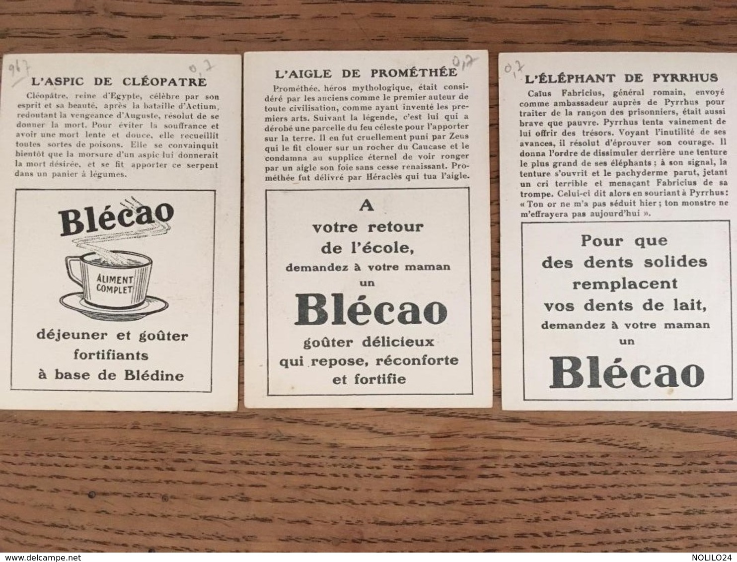 3 Chromos, Blécao, L'Eléphant De Pyrrhus,l'Aigle De Prométhée,l'Aspic De Cléopatre (cacao, Petits Déjeuner) - Autres & Non Classés