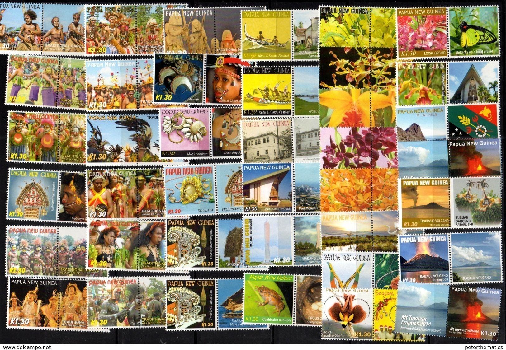 PAPUA NEW GUINEA, MNH, DANCES, COSTUMES, FLORA, FAUNA, CANOES, MOUNTAINS, VOLCANOES, LOT OF 39 PERSONALIZED STAMPS - Costumes