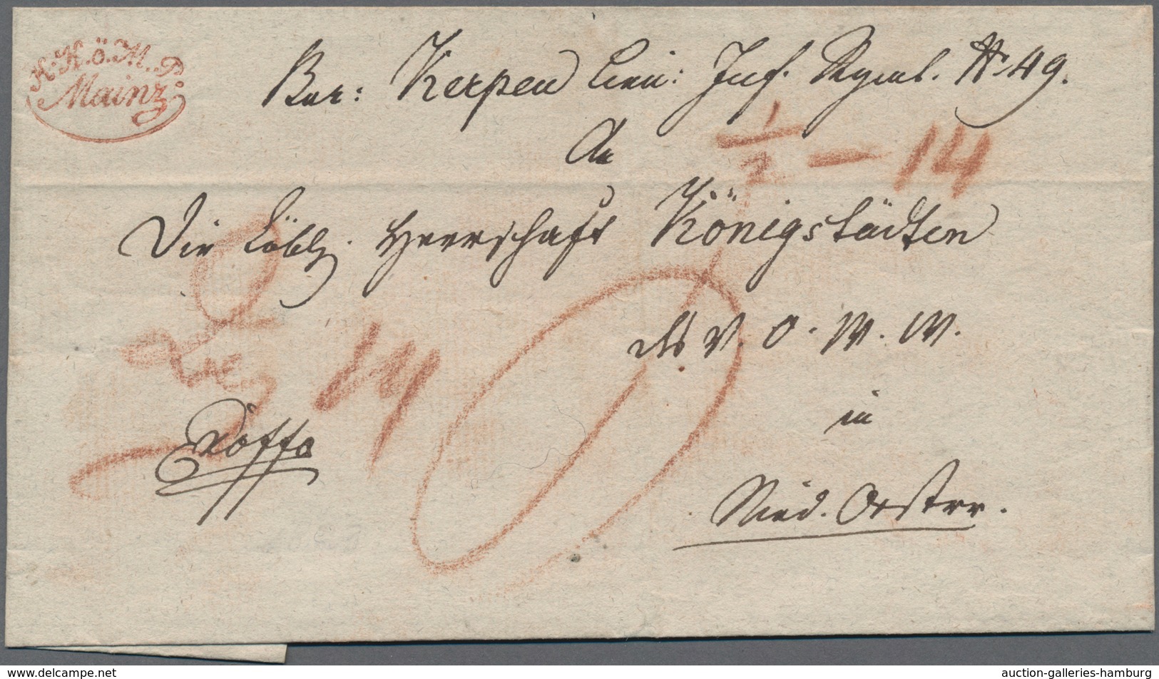 Österreich - Vorphilatelie: 1823/1836, BUNDESFESTUNG MAINZ, "K.K.ö.M.P. MAINZ", Ovalstempel In Rot A - ...-1850 Prephilately