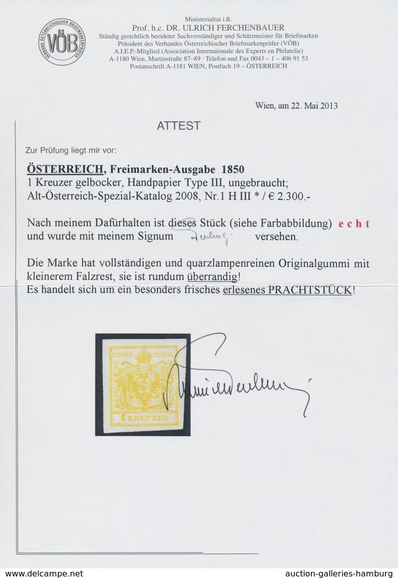 Österreich: 1850, 1 Kreuzer Gelbocker, Handpapier Type III, Allseits überrandig, Ungebraucht Mit Vol - Ungebraucht