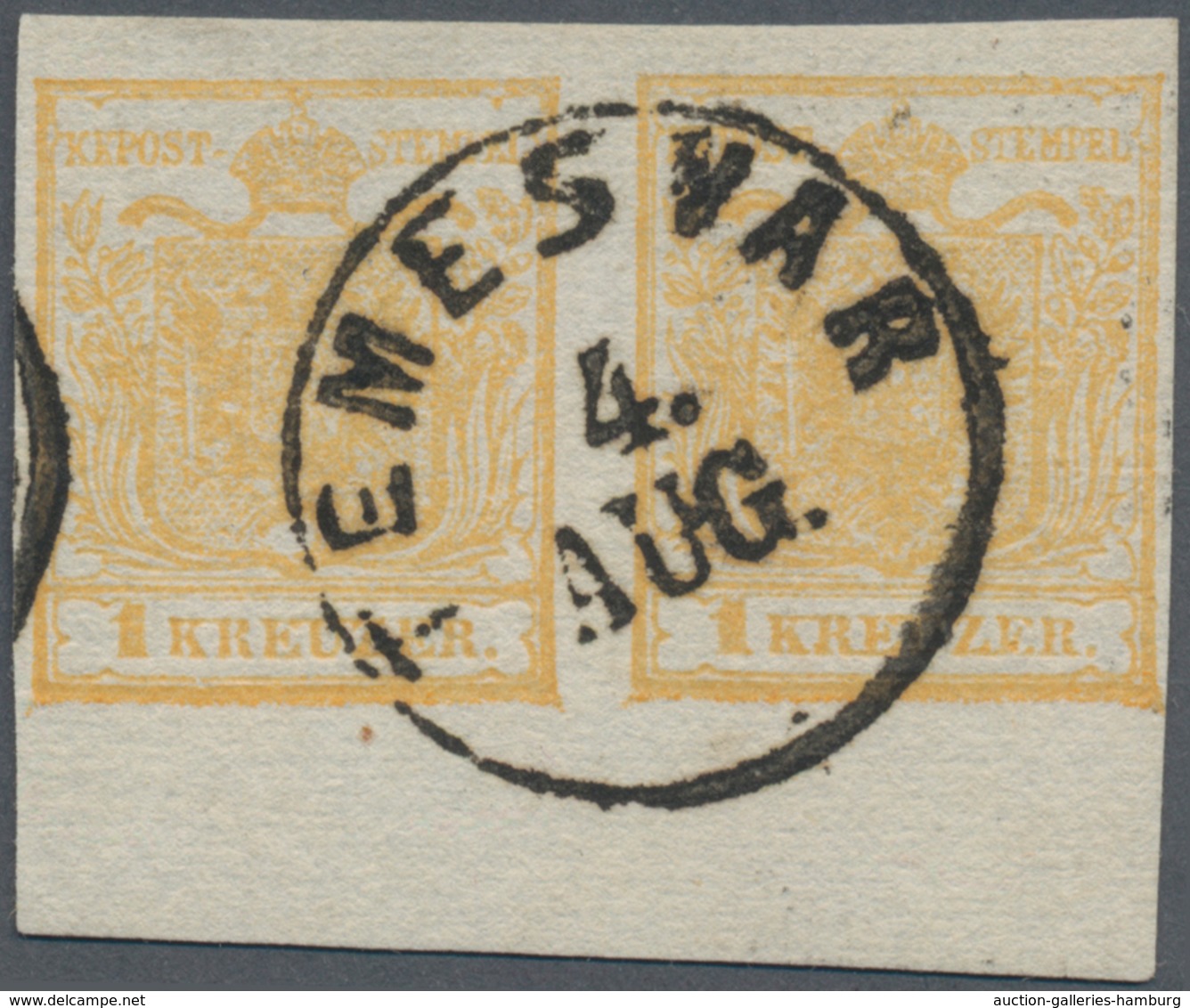 Österreich: 1850, 1 Kreuzer Orangeocker, Handpapier Type Ia, Im Waagerechten Randpaar, Entwertet Mit - Nuevos