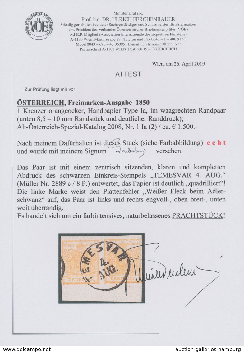 Österreich: 1850, 1 Kreuzer Orangeocker, Handpapier Type Ia, Im Waagerechten Randpaar, Entwertet Mit - Neufs