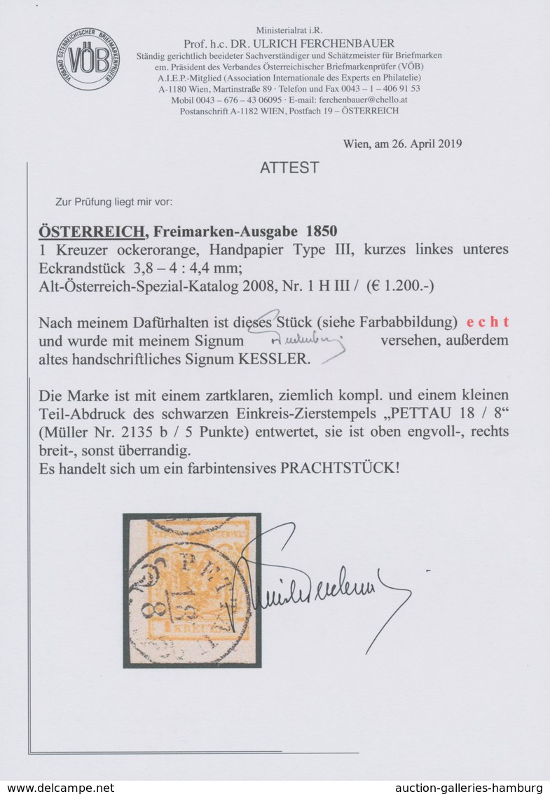 Österreich: 1850, 1 Kreuzer Ockerorange, Handpapier Type III, Kurzes Linkes Unteres Eckrandstück, En - Ungebraucht