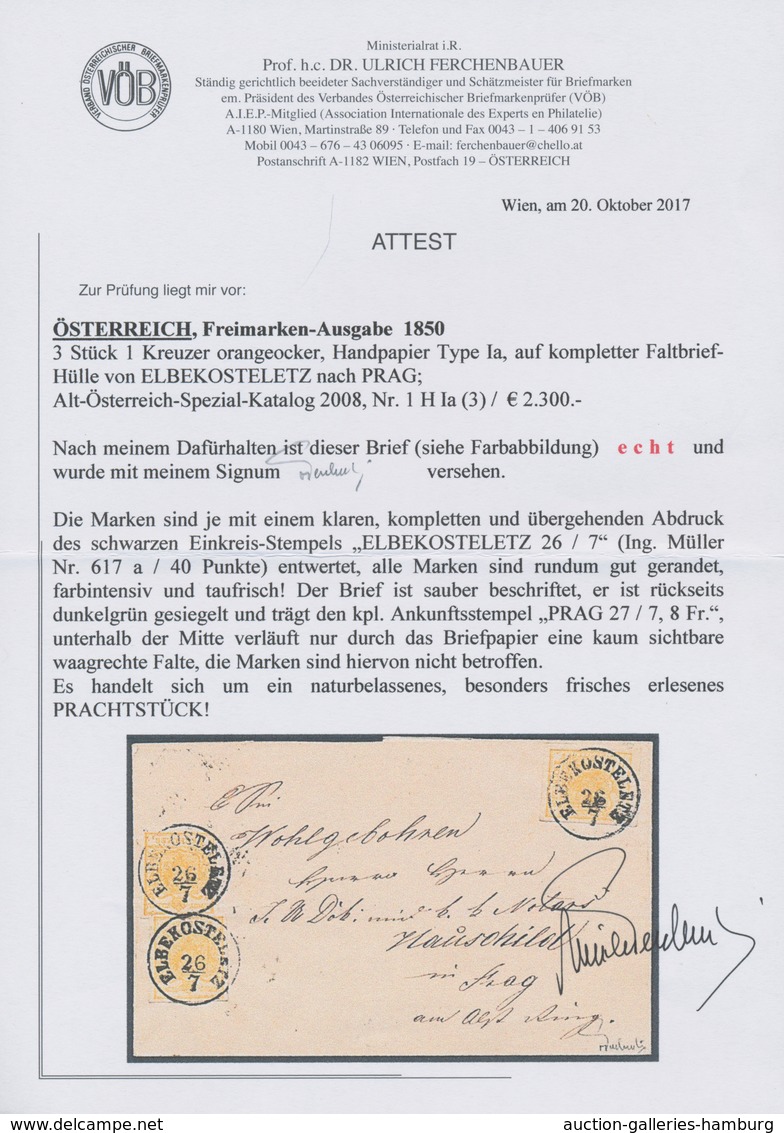 Österreich: 1850, 1 Kreuzer Orangeocker Type Ia MeF - 3 Stück Entwertet Mit K1 ELBEKOSTELETZ (Müller - Ongebruikt