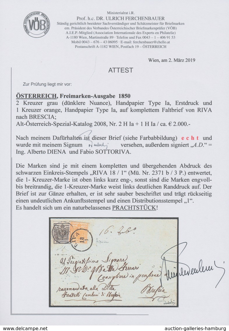 Österreich: 1850, 1 Kreuzer Orange Und 2 Kr Grau (dunklere Nuance) Entwertet Mit K1 RIVA Auf Kpl. Fa - Ongebruikt