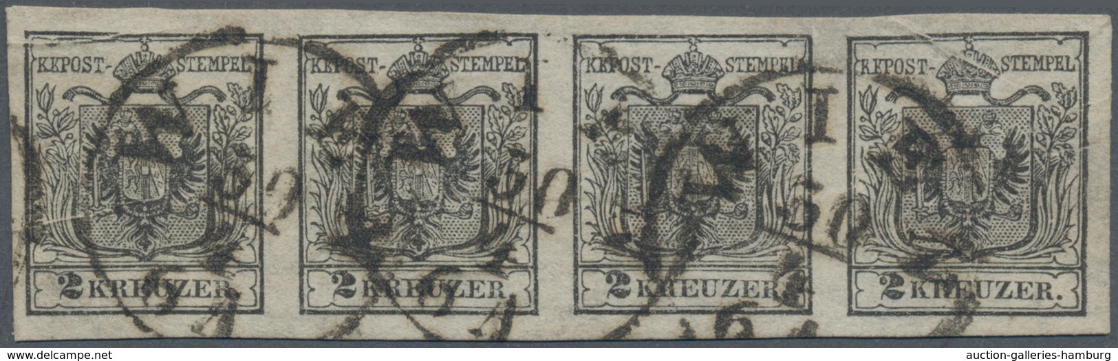 Österreich: 1850, 2 Kreuzer Schwarz, Handpapier Type I, Waagerechter Viererstreifen Mit Wasserzeiche - Neufs