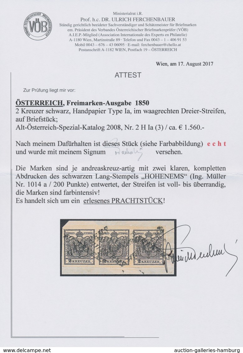 Österreich: 1850, 2 Kreuzer Schwarz, Handpapier Type Ia, Waagerechter Dreierstreifen, Farbfrisch, Al - Ungebraucht