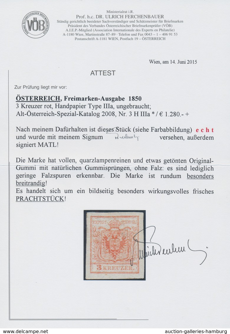 Österreich: 1850, 3 Kr Rot, Type IIIa Auf Handpapier, Ungebraucht Mit Etwas Getöntem, Typisch Gespru - Neufs