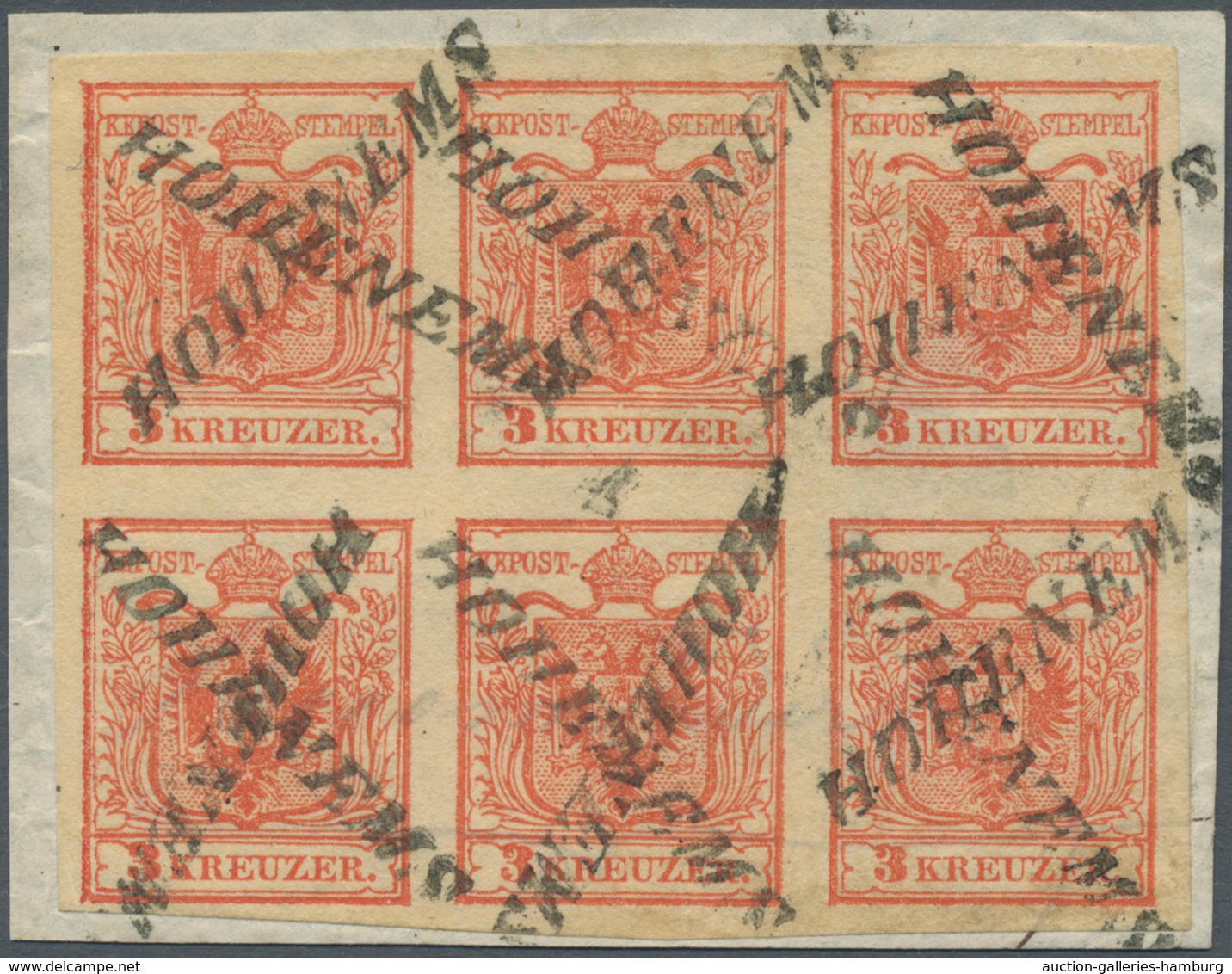 Österreich: 1850, 3 Kr Karminrot, Handpapier Type I A1, Waagerechter 6er-Block, Allseits Breitrandig - Unused Stamps