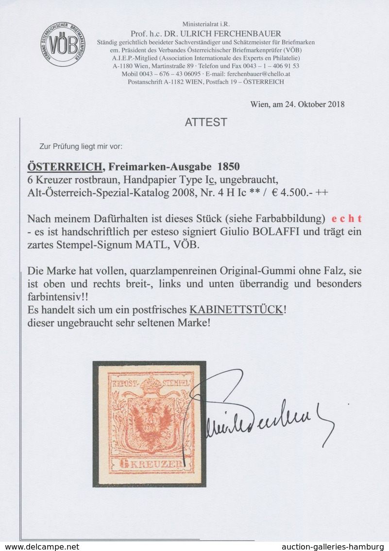 Österreich: 1850, 6 Kreuzer Rostbraun, Handpapier Type I C, Oben Und Rechts Breitrandig, Links Und U - Neufs