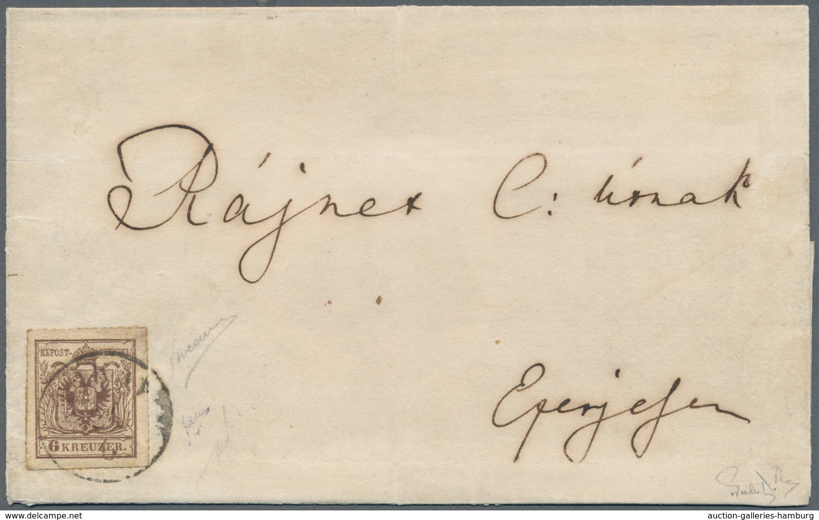 Österreich: 1850: 6 Kreuzer Braun, Handpapier Type III, Linien-Durchstich 14 (sogenannter "Tokayer D - Ongebruikt