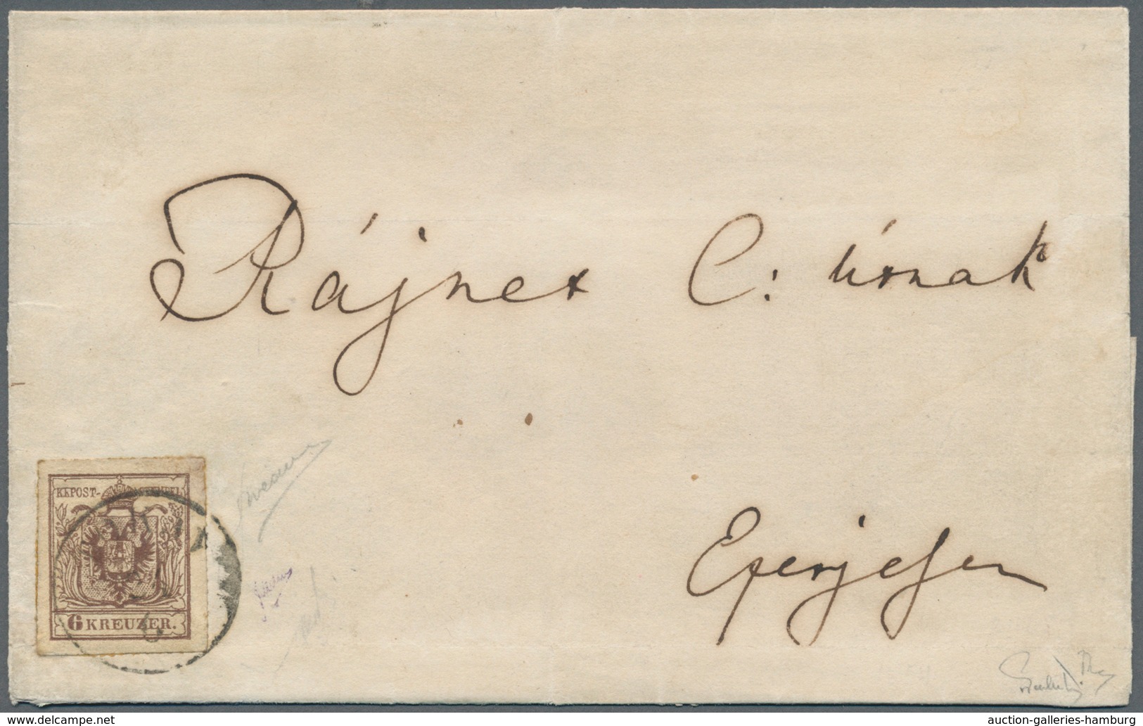 Österreich: 1850: 6 Kreuzer Braun, Handpapier Type III, Linien-Durchstich 14 (sogenannter "Tokayer D - Nuevos