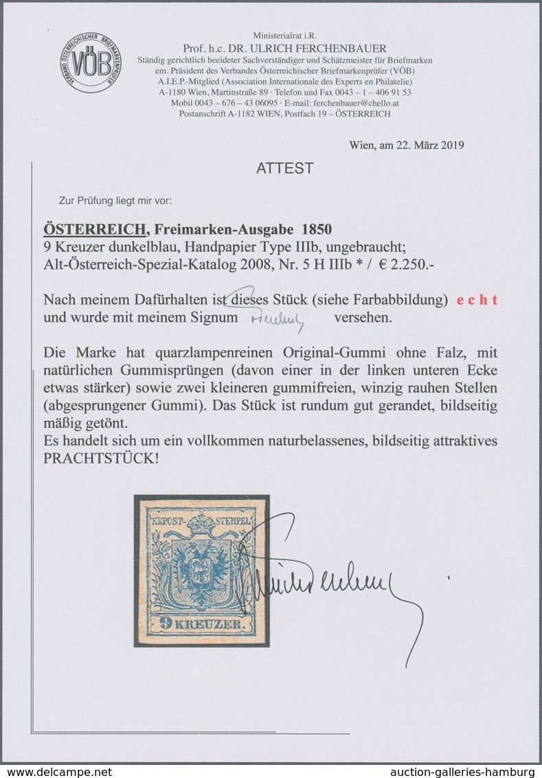 Österreich: 1850, 9 Kr. Blau, Handpapier, Farbfrisches Und Allseits Breitrandiges Examplar Mit Natür - Nuevos