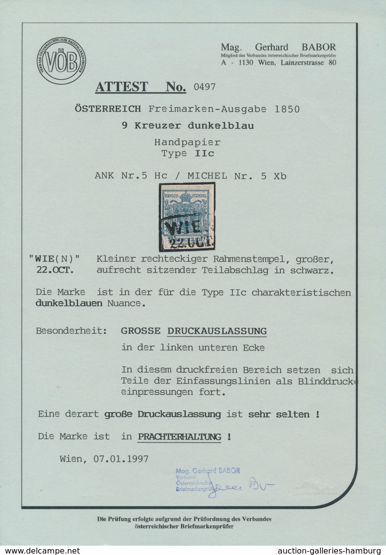 Österreich: 1850, 9 Kreuzer Dunkelblau, Handpapier Type II C, Mit Großer Druckauslassung Der Linken - Unused Stamps