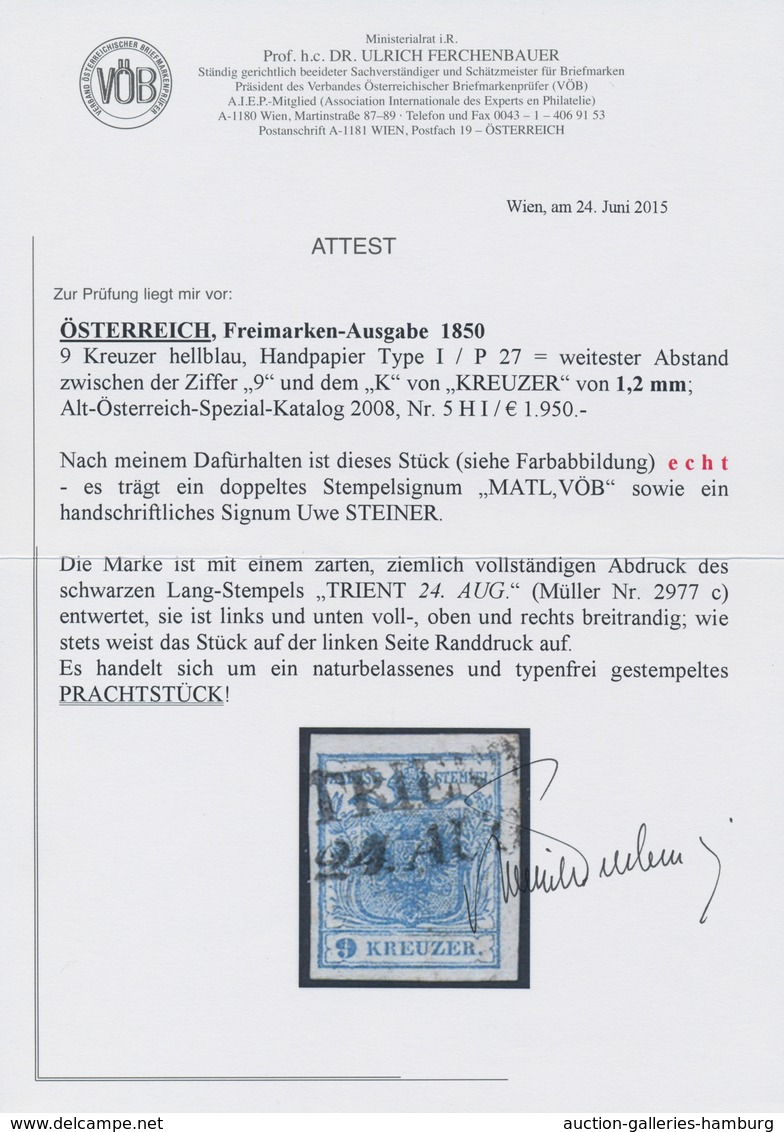 Österreich: 1850, 9 Kreuzer Hellblau, Handpapier Type I, Mit Weitestem Abstand 1,2 Mm Zwischen Der Z - Unused Stamps