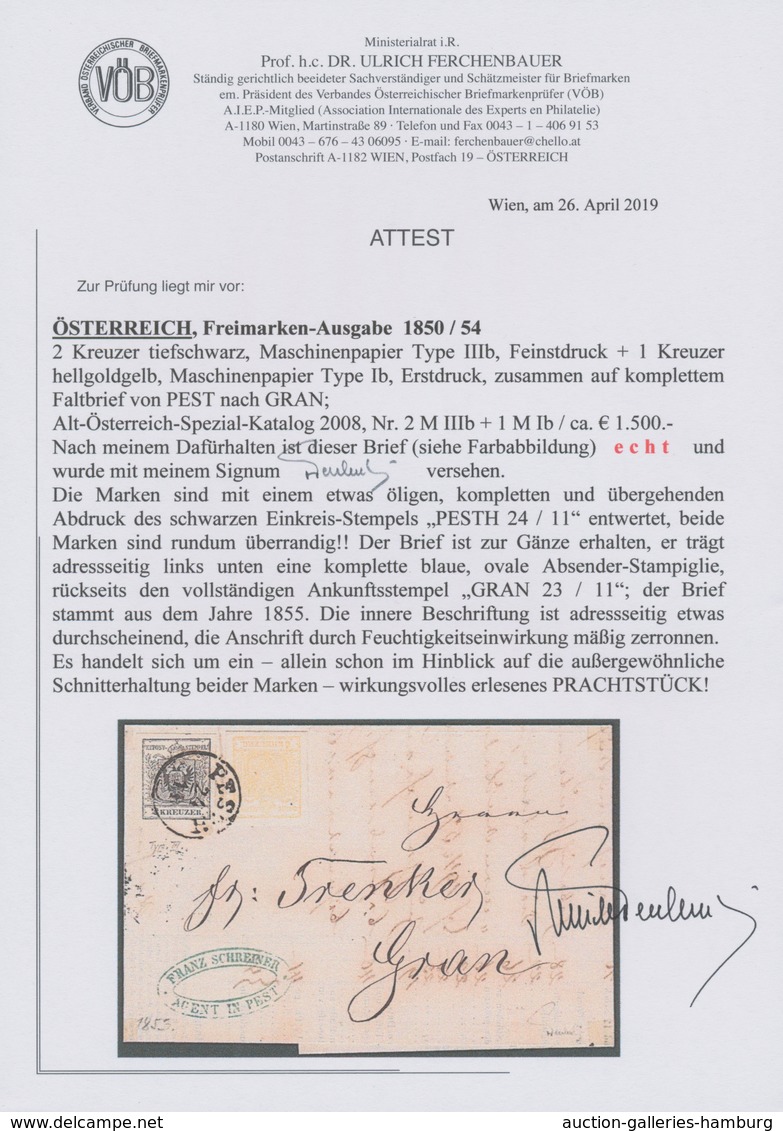 Österreich: 1854, 1 Kreuzer Goldgelb MiF Mit 2 Kreuzer Tiefschwarz Entwertet Mit übergehendem K1 PES - Nuovi