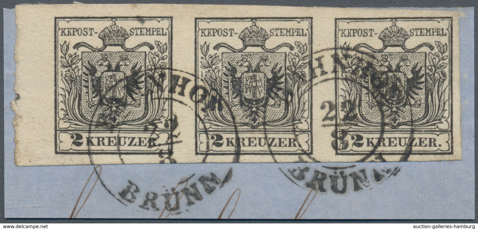 Österreich: 1850/1854, 2 Kreuzer Tiefschwarz, Maschinenpapier Type IIIb, Waagerechter Dreierstreifen - Ongebruikt