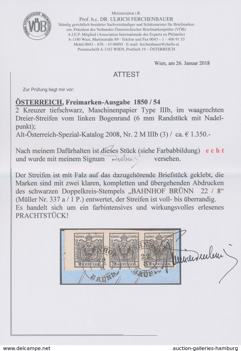 Österreich: 1850/1854, 2 Kreuzer Tiefschwarz, Maschinenpapier Type IIIb, Waagerechter Dreierstreifen - Ongebruikt