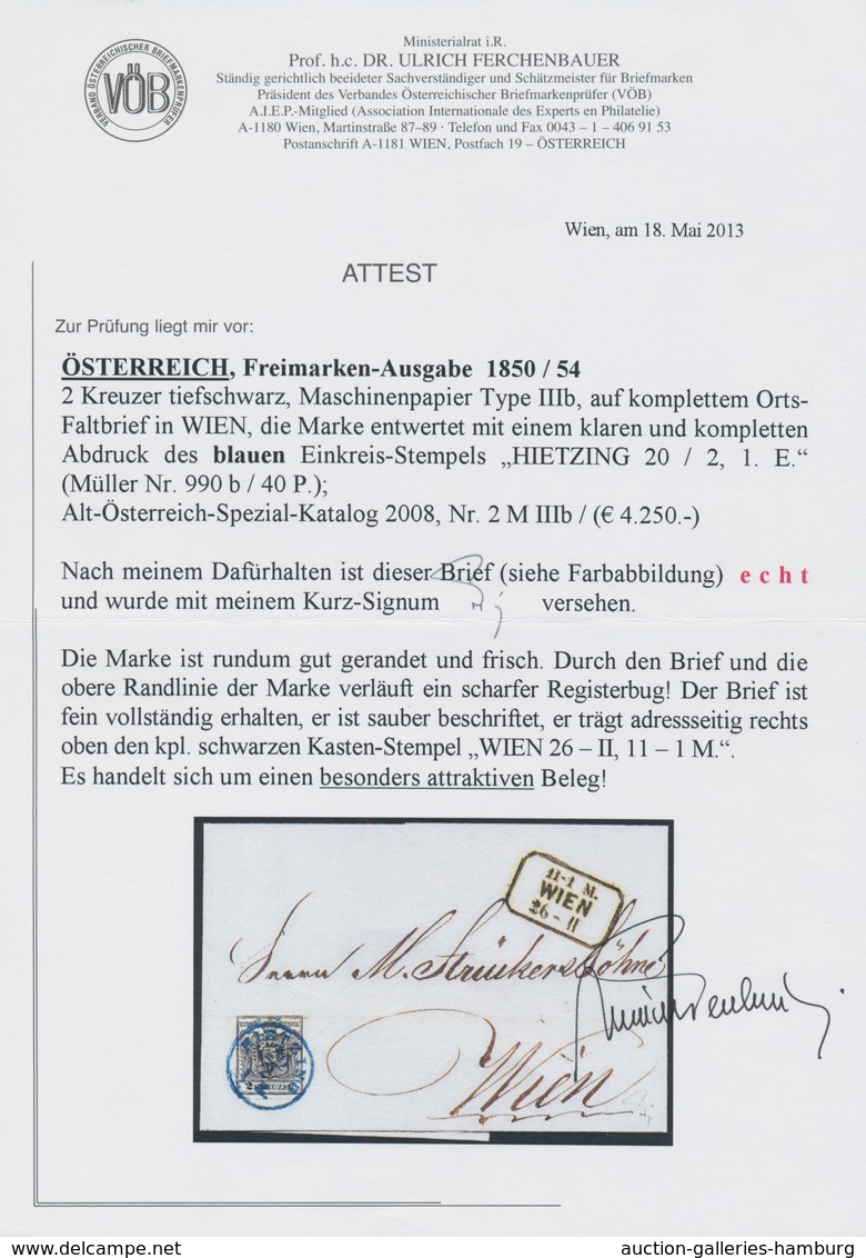 Österreich: 1850/1854, 2 Kreuzer Tiefschwarz, Maschinenpapier Type IIIa, Farbfrisch, Allseits Gut Ge - Ongebruikt
