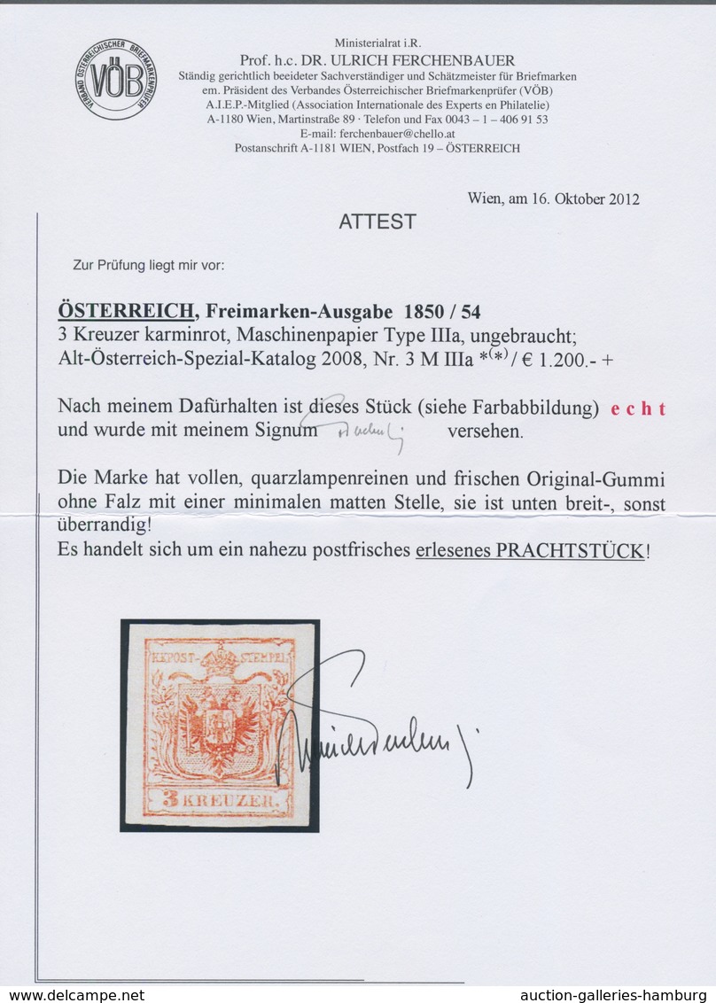 Österreich: 1850, 3 Kr Karminrot, Type IIIa Auf Maschinenpapier In Ungebrauchter Top-Erhaltung, Voll - Ongebruikt