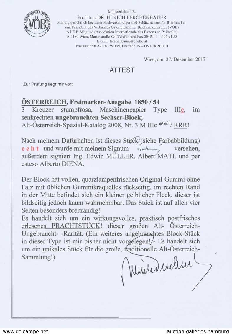 Österreich: 1850/54: 3 Kreuzer Stumpfrosa, Maschinenpapier Type III C, Im Senkrechten Ungebrauchten - Neufs