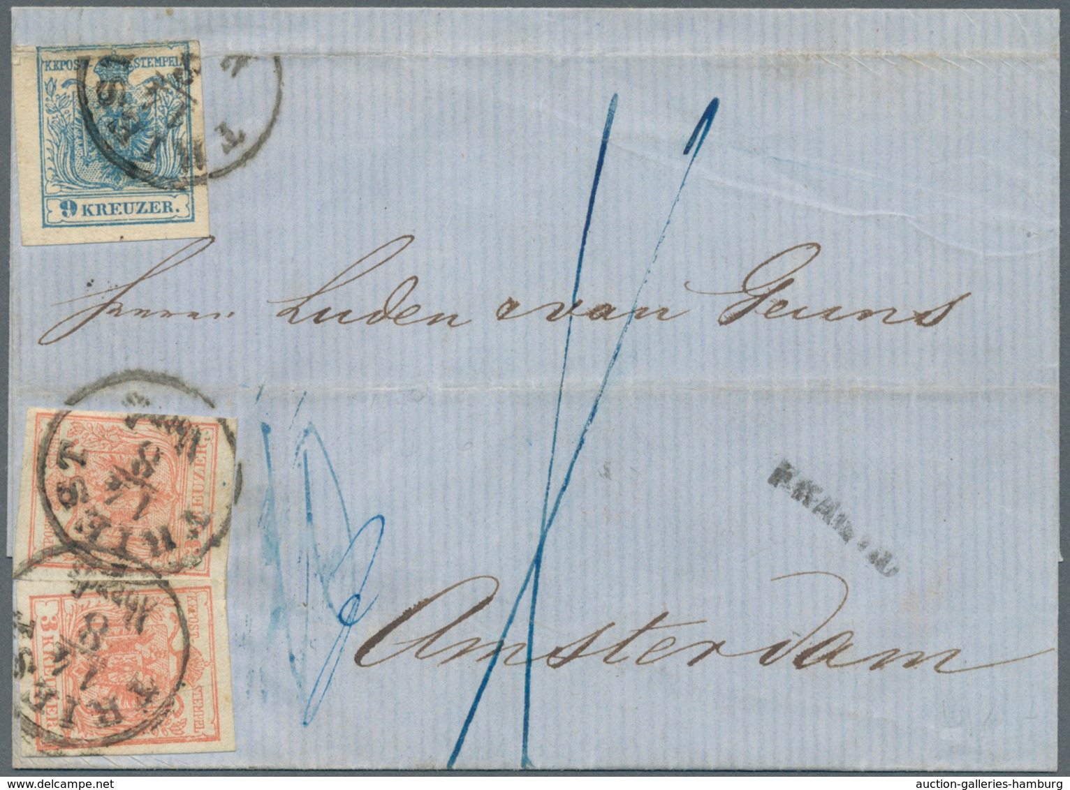 Österreich: 1855, FRANCO - Faltbrief Aus TRIEST14/8 Nach AMSTERDAM 18/8. Frankiert Mit Zweimal 3 Kr. - Nuovi