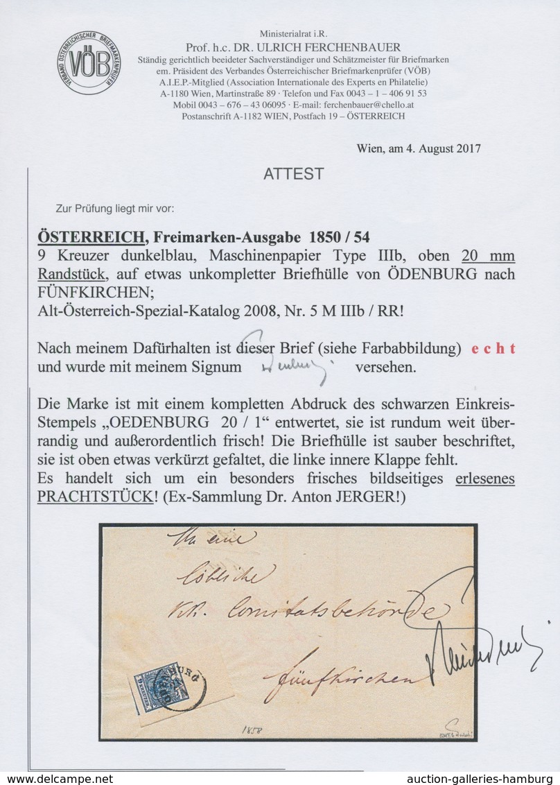 Österreich: 1850, 9 Kr Dunkelblau, Maschinenpapier Type IIIb, Ringsum Riesenrandiges (!) Oberrandstü - Ungebraucht