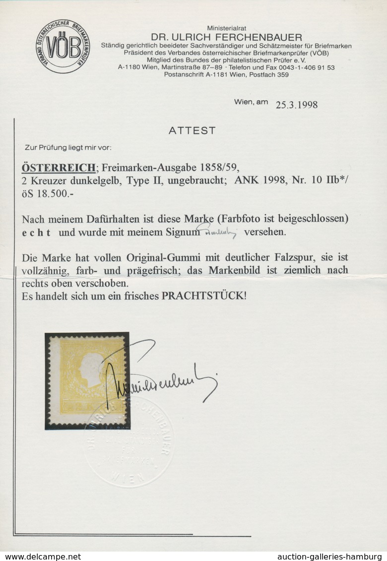 Österreich: 1858, 2 Kr Dunkelgelb, Type II, Ungebraucht Mit Vollem Originalgummi Und Deutlicher Falz - Unused Stamps