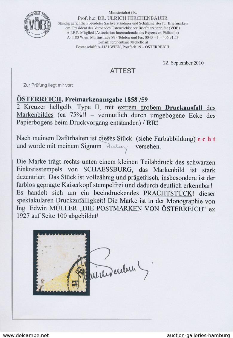 Österreich: 1858/59: 2 Kr. Hellgelb, Type II, Mit Extrem Großem Druckausfall Von Nahezu 75 % Des Mar - Unused Stamps