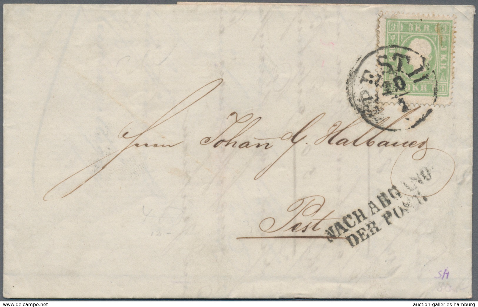 Österreich: 1858, 3 Kreuzer Gelblichgrün Als EF Entwertet Mit K1 PESTH Und Beigesetzt L2 "NACH ABGAN - Unused Stamps