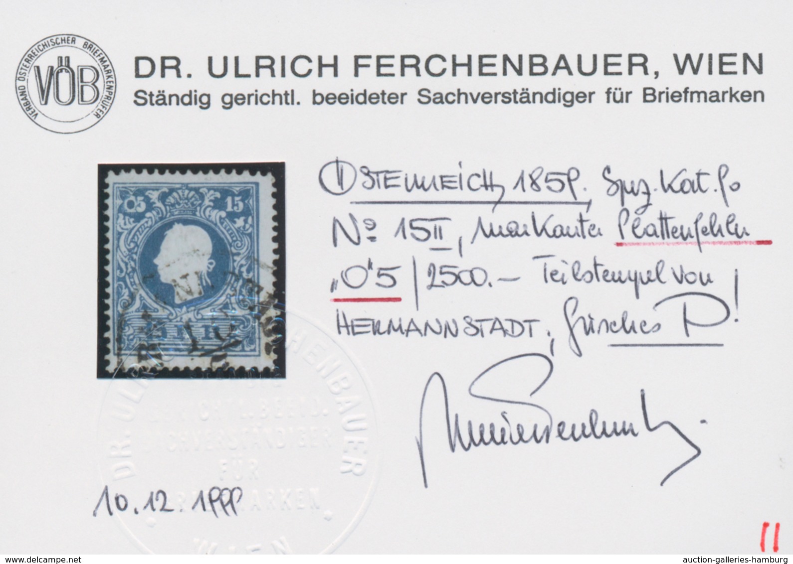 Österreich: 1859, 15 Kr. Blau Type II Mit PLATTENFEHLER "'05' Statt '15'", Entwertet Mit Teilstempel - Ungebraucht